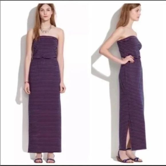 Madewell Navy red Striped Weekend Strapless Maxi Dress small size - Picture 1 of 8